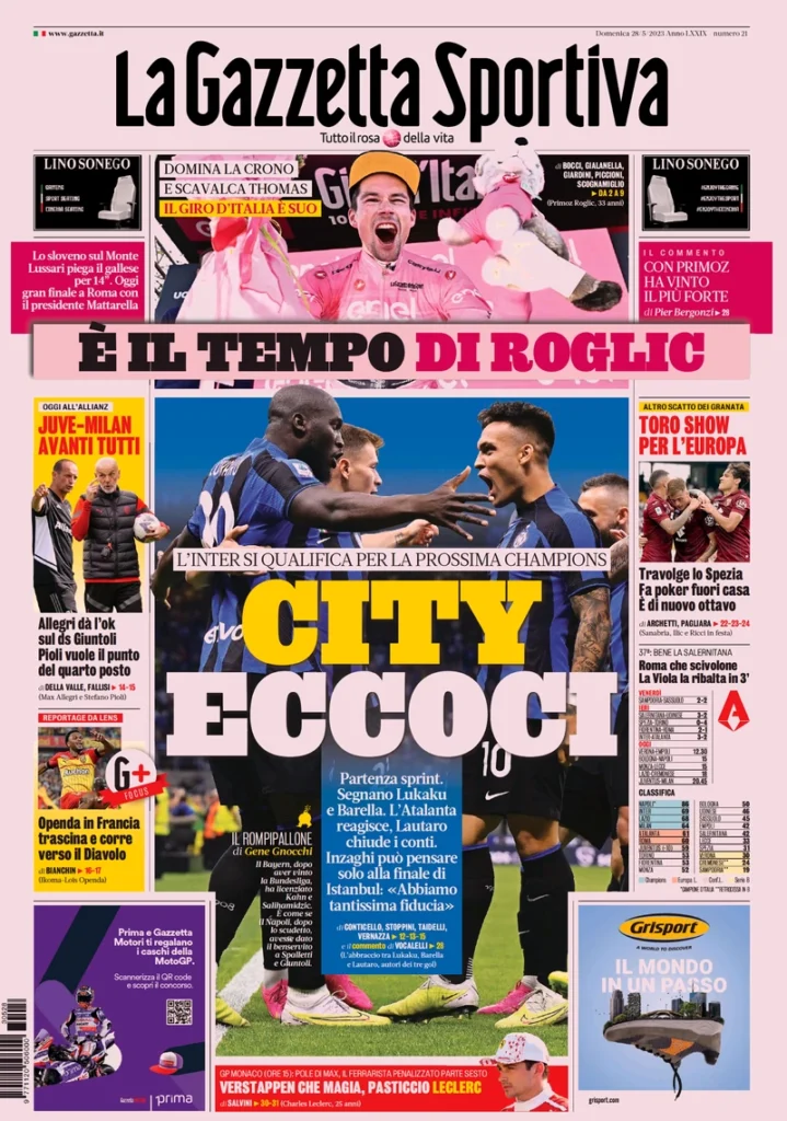 Prima pagina La Gazzetta dello Sport (28 maggio 2023)