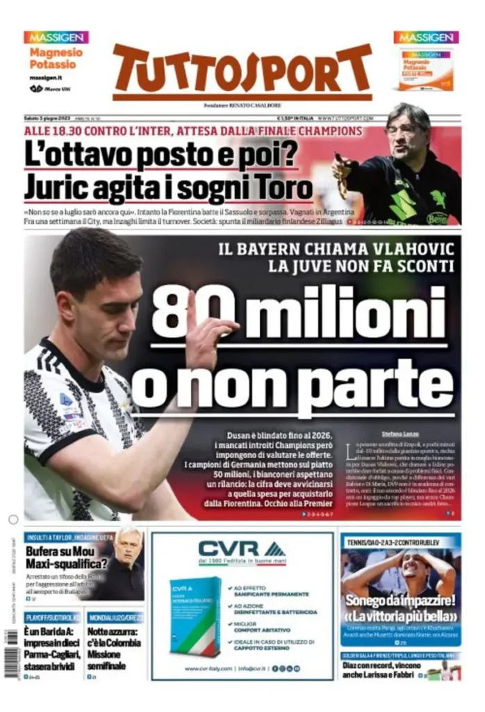 Prima pagina Tuttosport (3 giugno 2023)