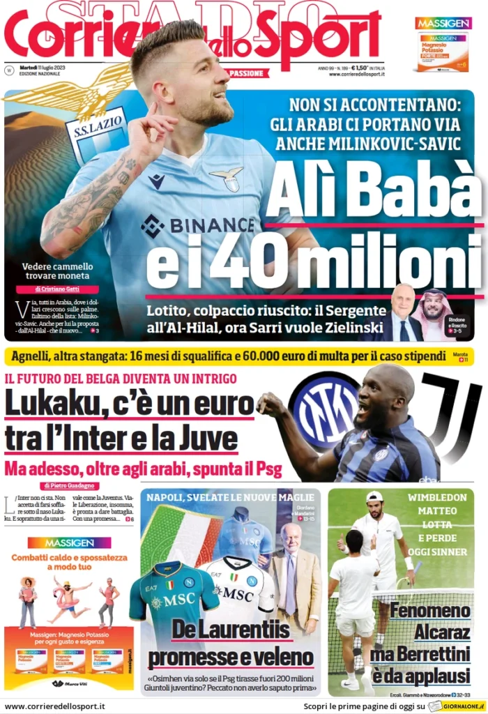 Prima pagina Corriere dello Sport (11 luglio 2023)