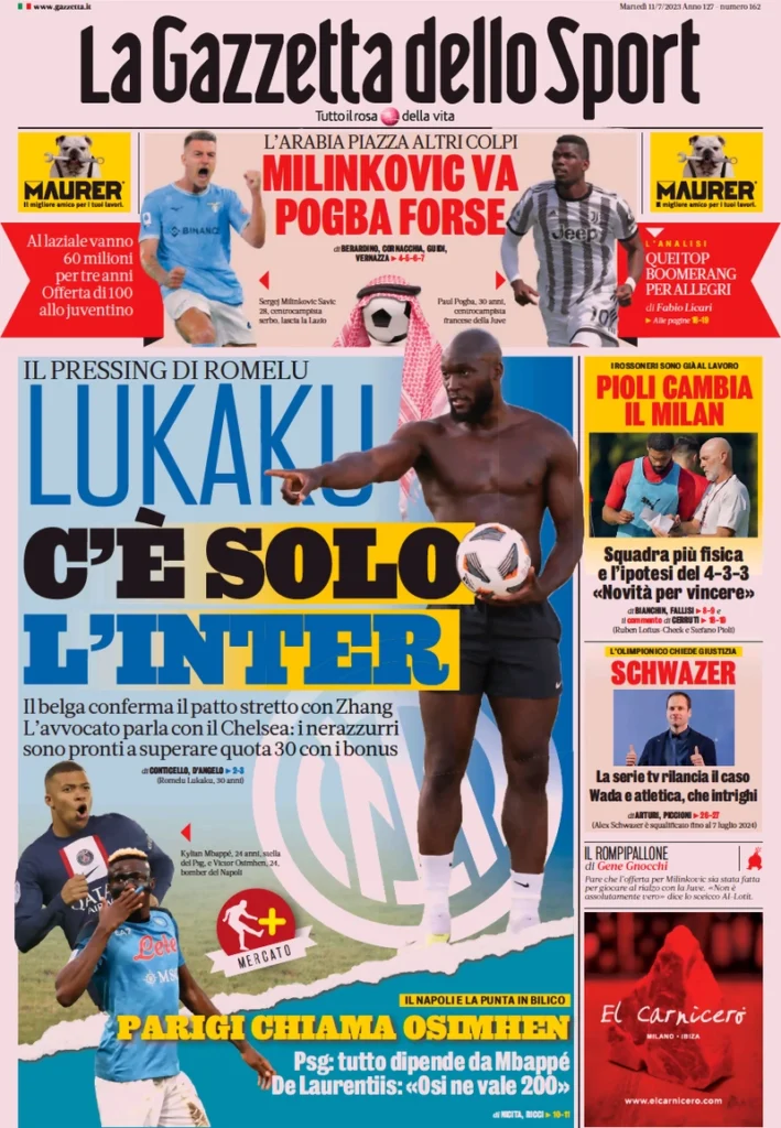 Prima pagina La Gazzetta dello Sport (11 luglio 2023)