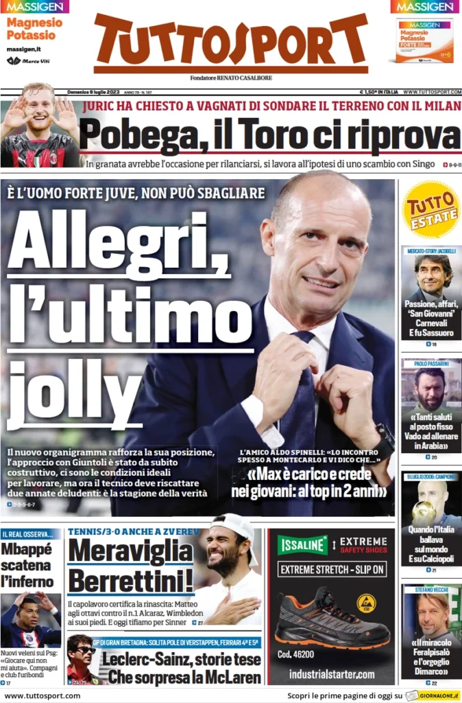 Prima pagina Tuttosport (9 luglio 2023)