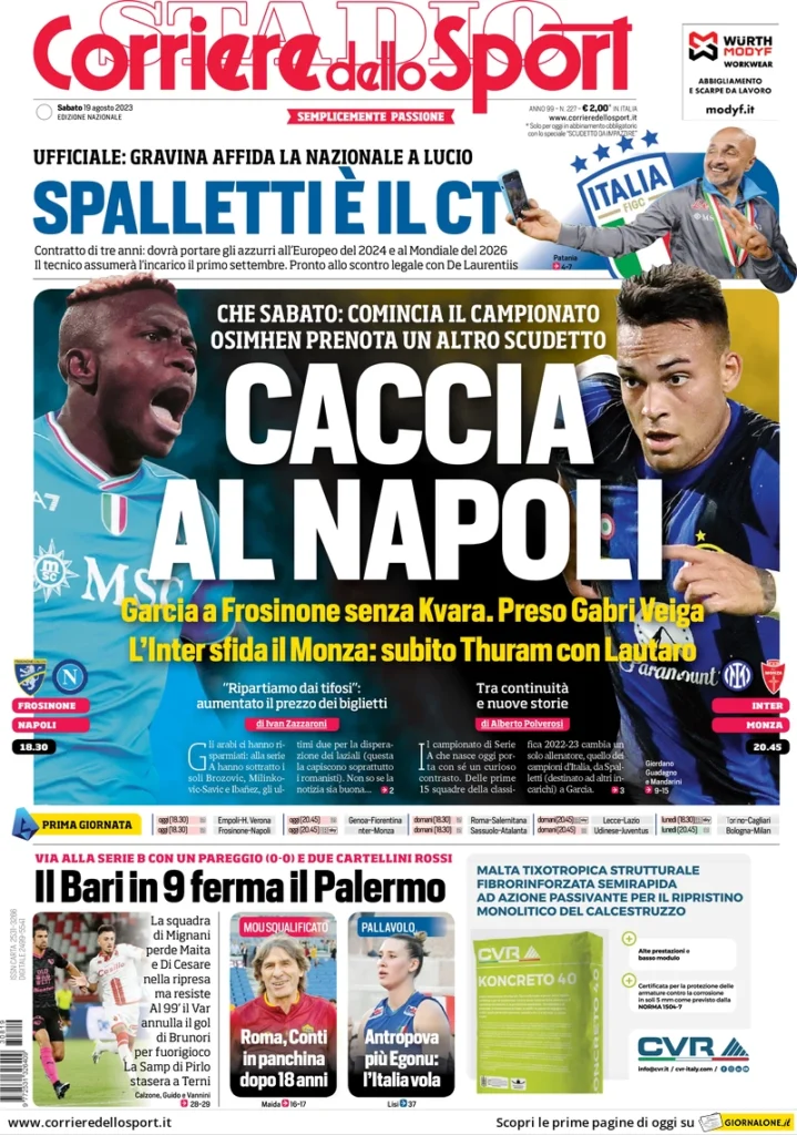 Prima pagina Corriere dello Sport (19 agosto 2023)