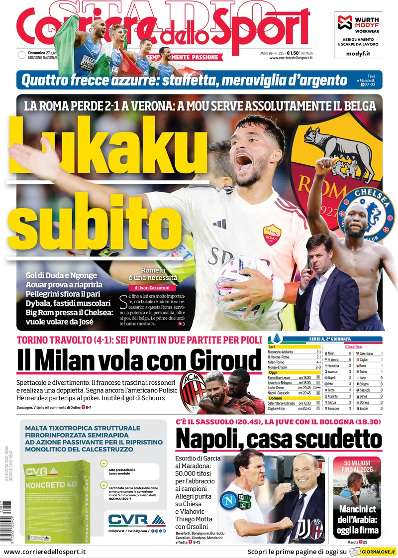 Prima pagina Corriere dello Sport (27 agosto)
