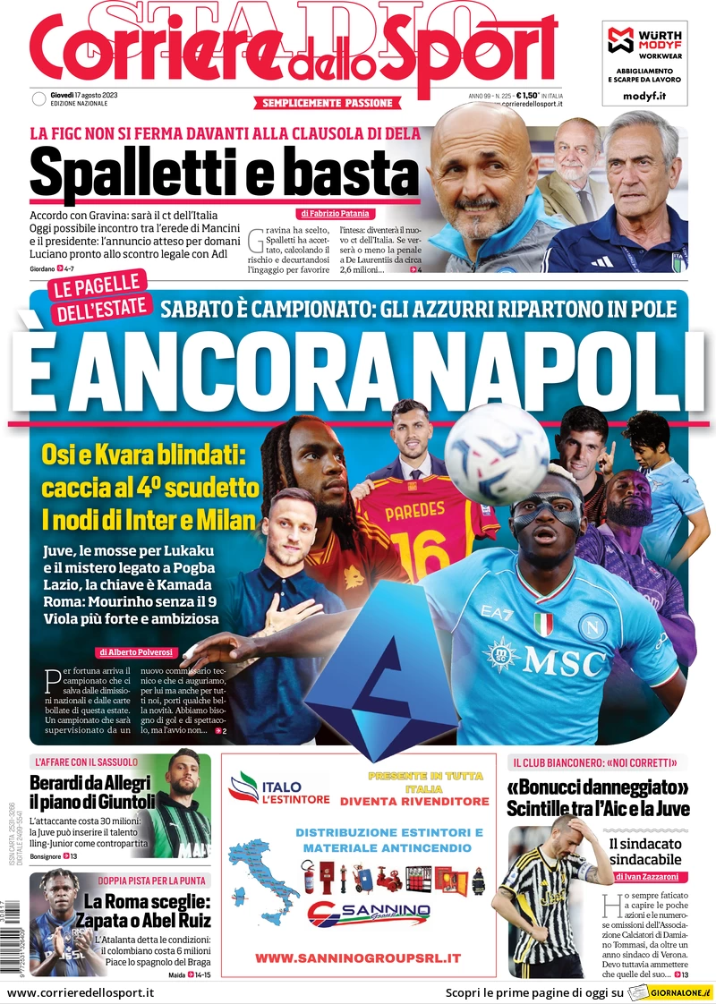 Prima pagina Corriere dello Sport (17 agosto 2023)