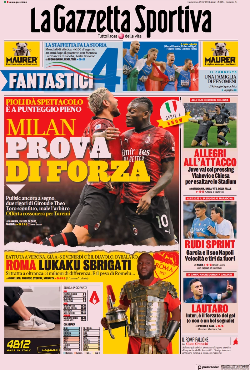 Prima pagina La Gazzetta dello Sport (27 agosto 2023)