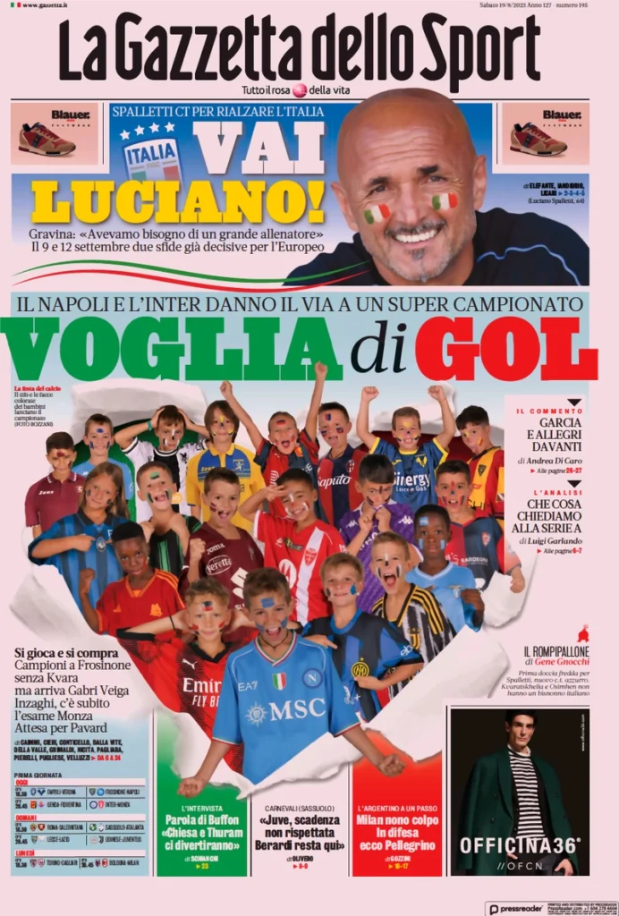 Prima pagina La Gazzetta dello Sport (19 agosto 2023)