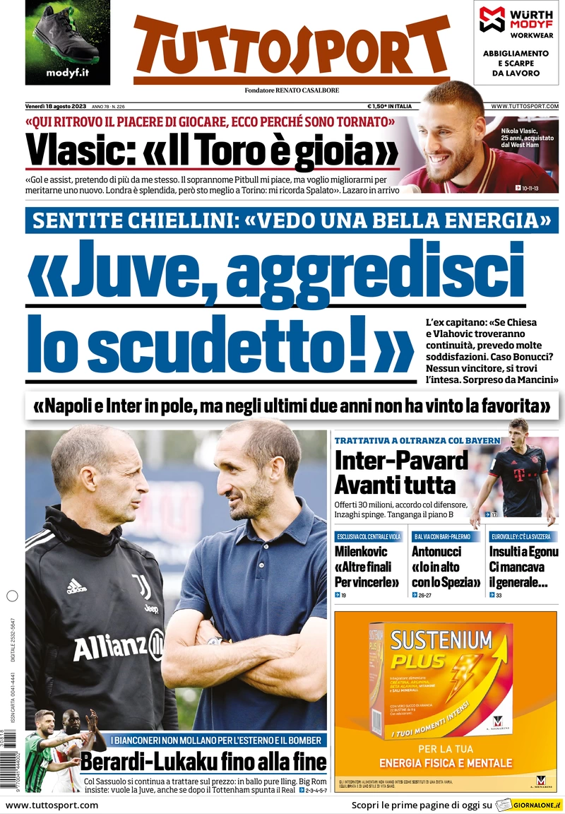 Prima pagina Tuttosport (18 agosto 2023)