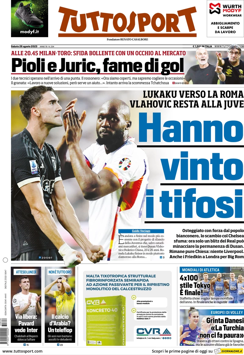 Prima pagina Tuttosport (26 agosto 2023)