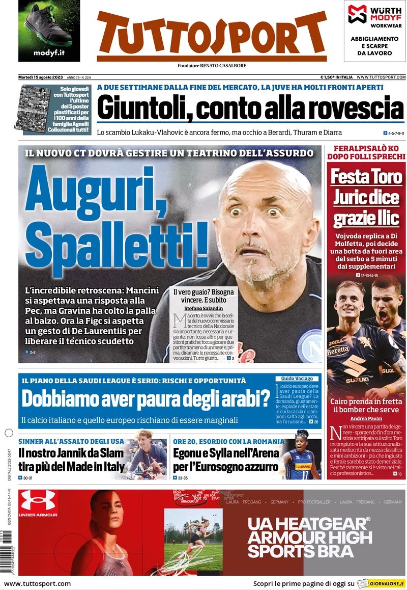 Prima pagina Tuttosport (15 agosto 2023)