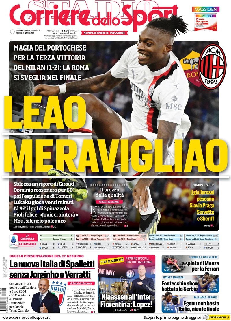 Prima pagina Corriere dello Sport (2 settembre 2023)