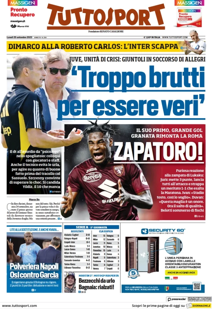 Prima pagina Tuttosport (25 settembre 2023)