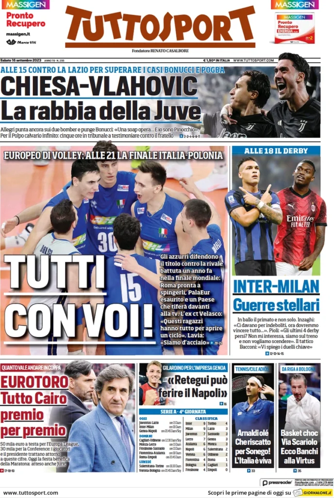 Prima pagina Tuttosport (16 settembre 2023)