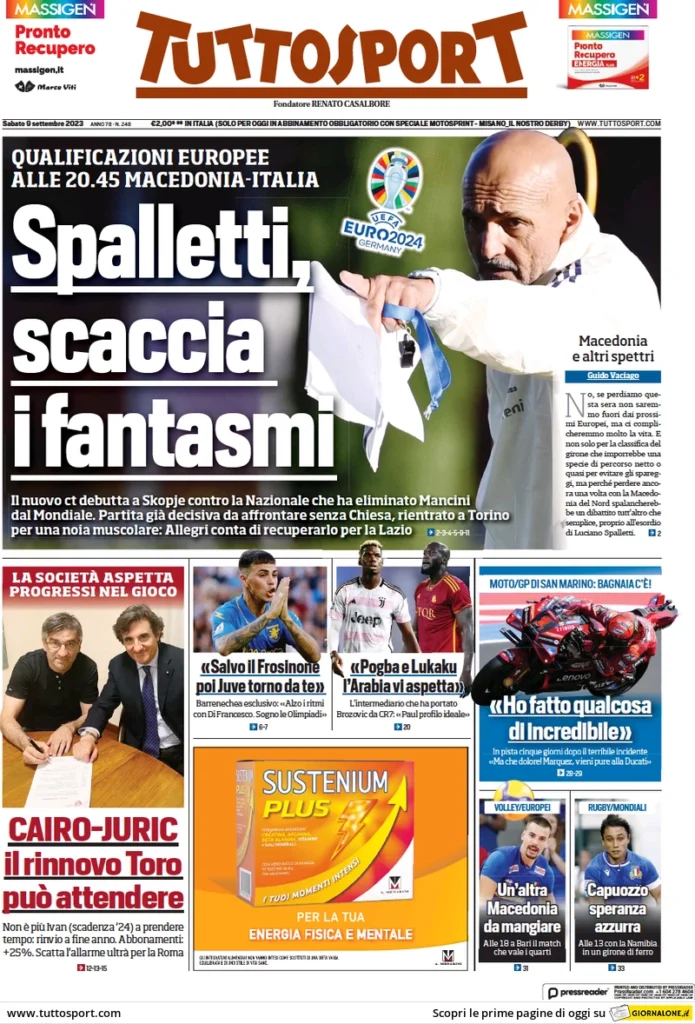 Prima pagina Tuttosport (9 settembre 2023)