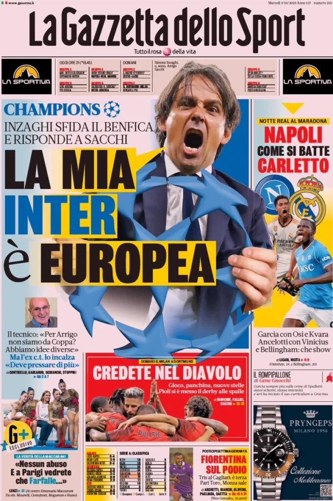 Prima Pagina La Gazzetta dello Sport - 03 ottobre 2023