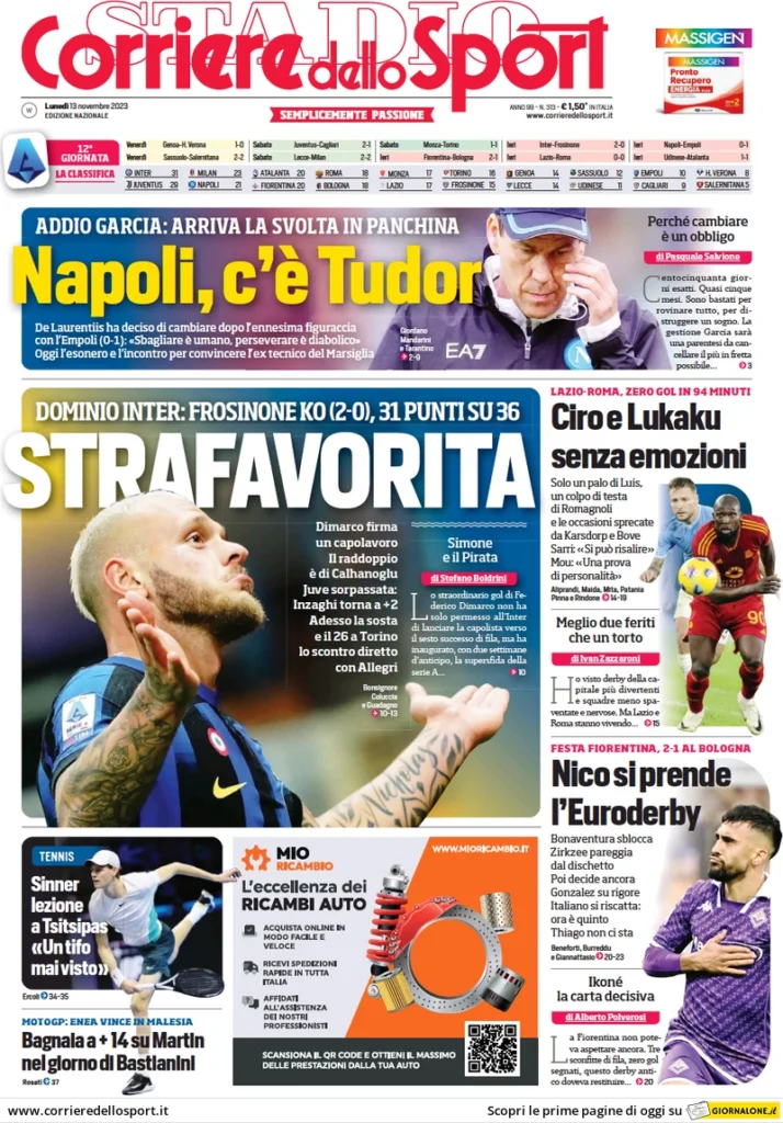 Prima pagina Corriere dello Sport 13 novembre 2023