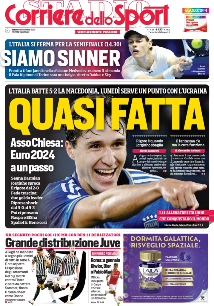 Prima pagina Corriere dello Sport 13 novembre 2023