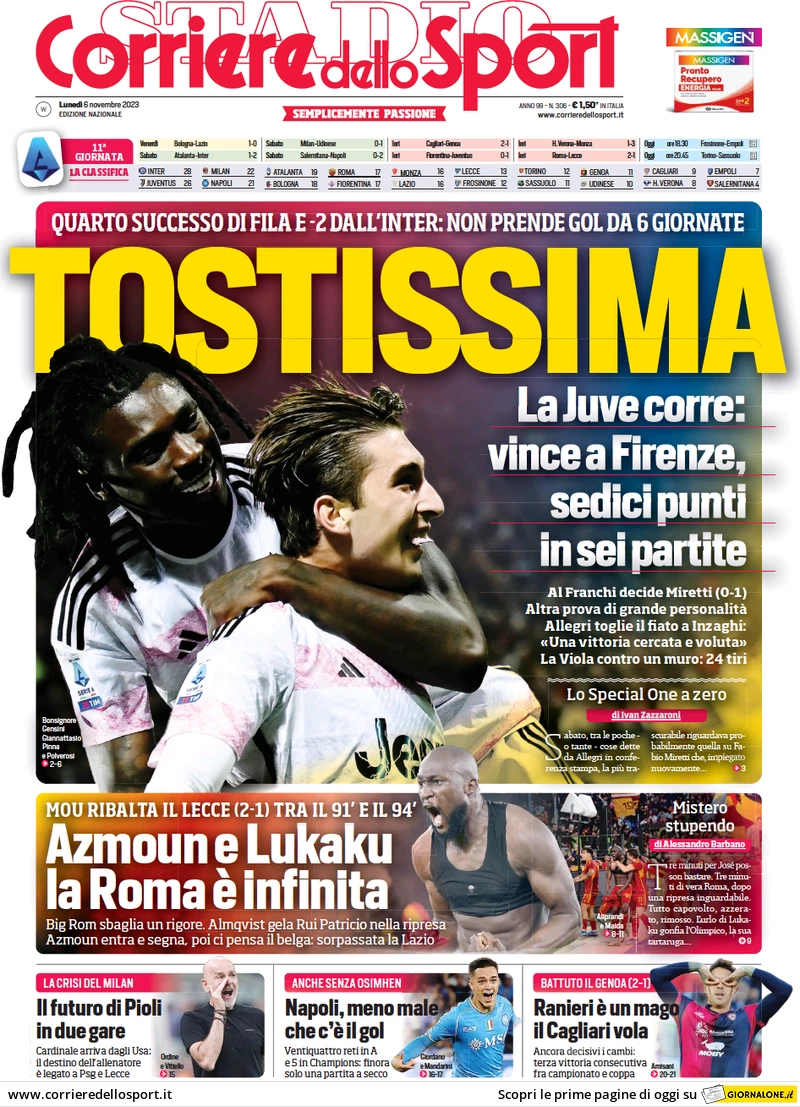 Prima pagina Corriere dello Sport (6 novembre 2023)
