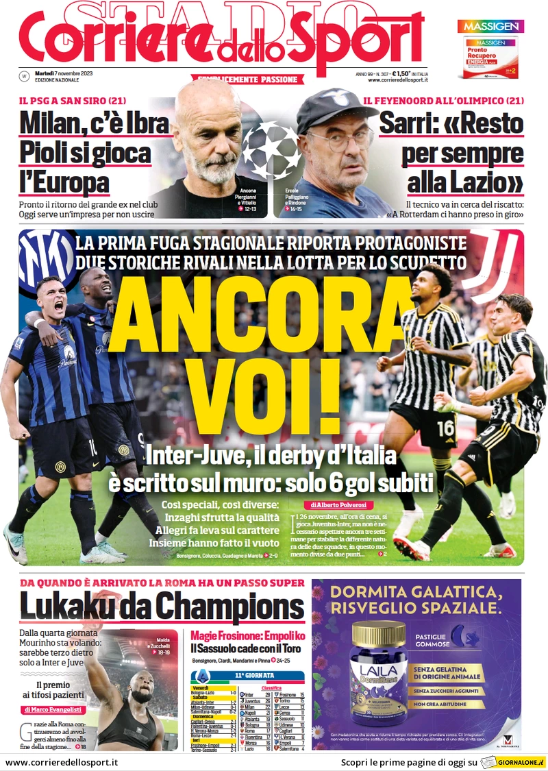 Prima pagina Corriere dello Sport (7 novembre 2023)
