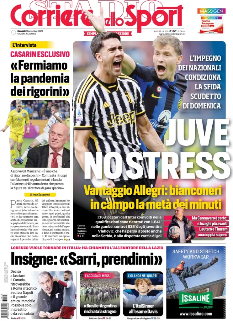 Prima pagina Corriere dello Sport 23 novembre 2023