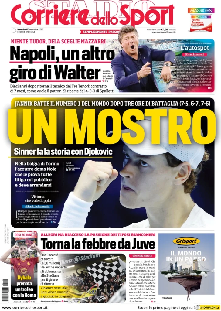 Prima pagina Corriere dello Sport (15 novembre 2023)