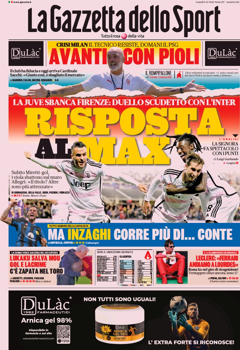 Prima pagina La Gazzetta dello Sport (6 novembre 2023)