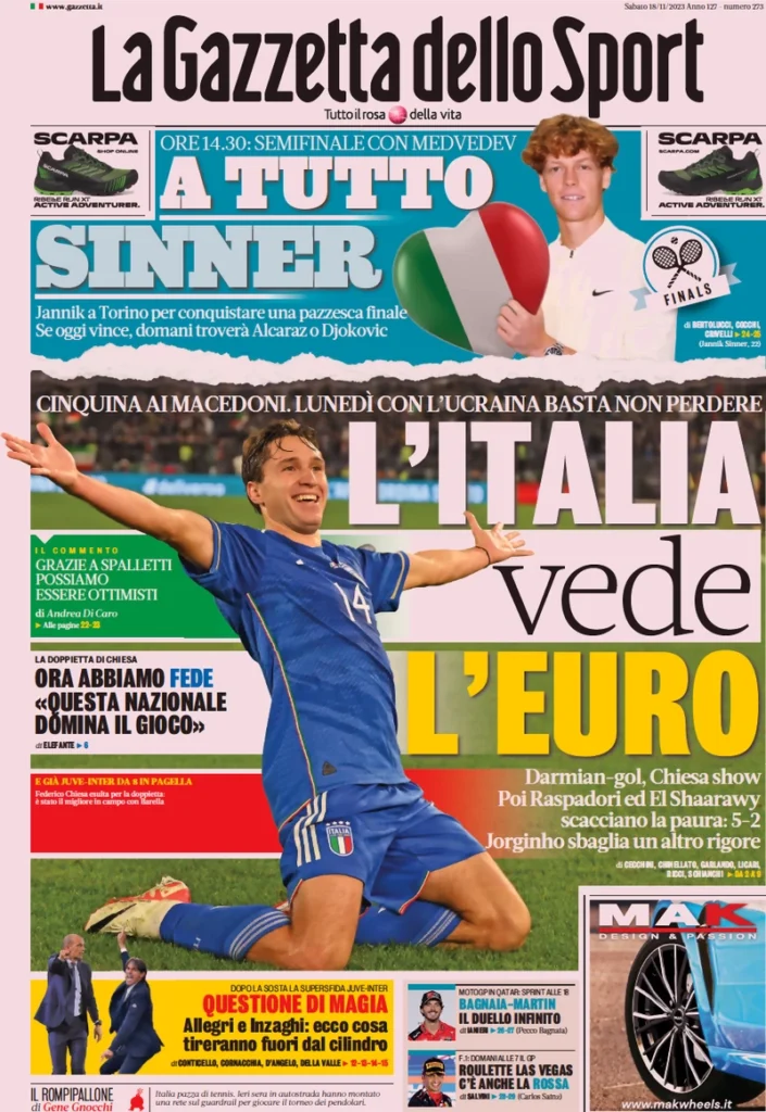 Prima pagina La Gazzetta dello Sport 18 novembre 2023