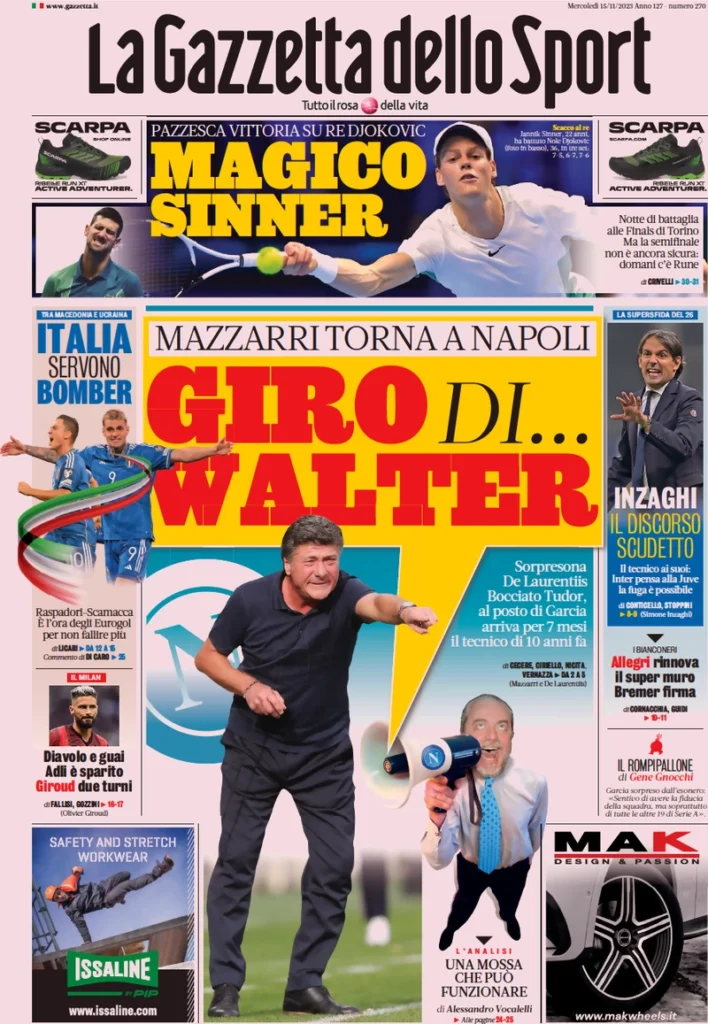 Prima pagina La Gazzetta dello Sport (15 novembre 2023)