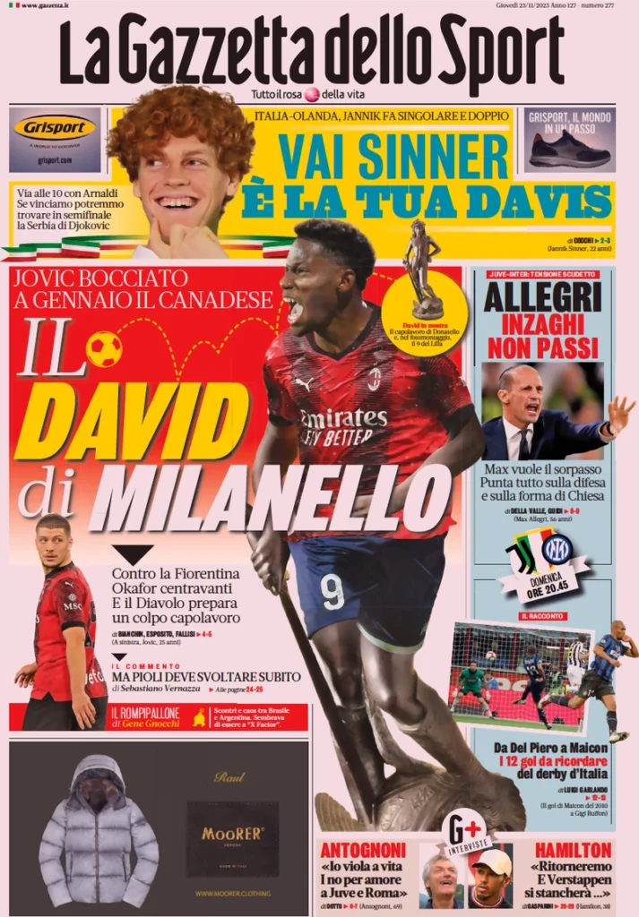 Prima pagina La Gazzetta dello Sport 23 novembre 2023