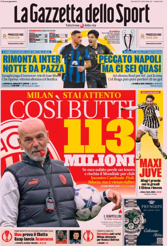 Prima pagina La Gazzetta dello Sport 30 novembre 2023