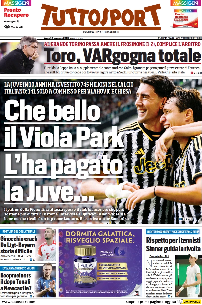 Prima pagina Tuttosport (3 novembre 2023)