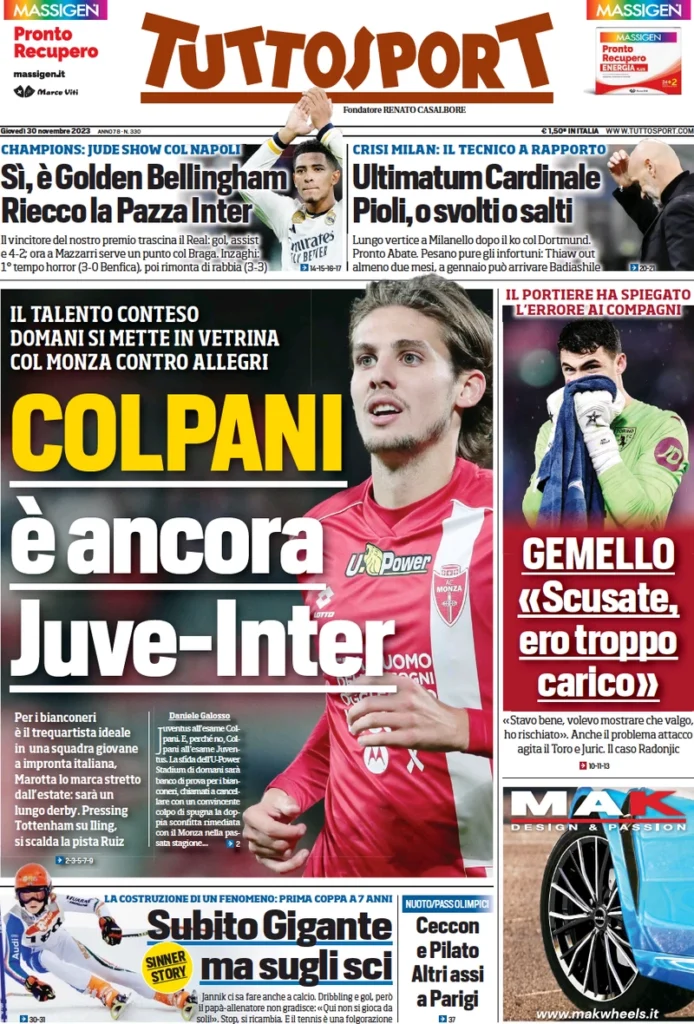 Prima pagina Tuttosport 30 novembre 2023