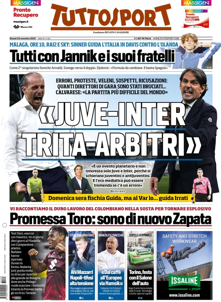 Prima pagina Tuttosport 23 novembre 2023