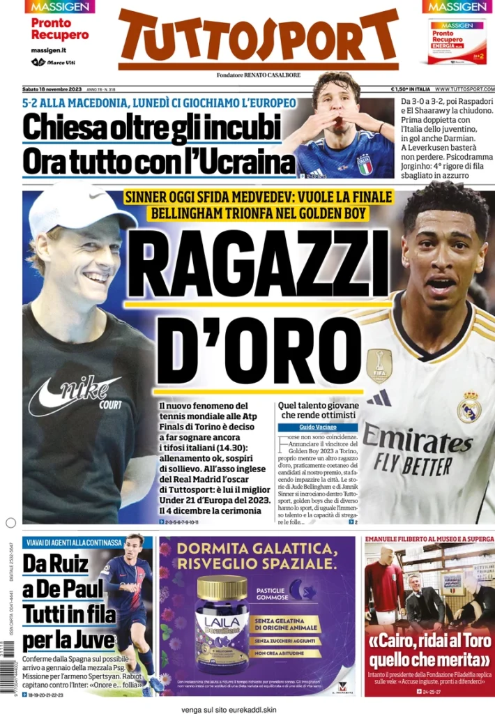 Prima pagina Tuttosport 18 novembre 2023