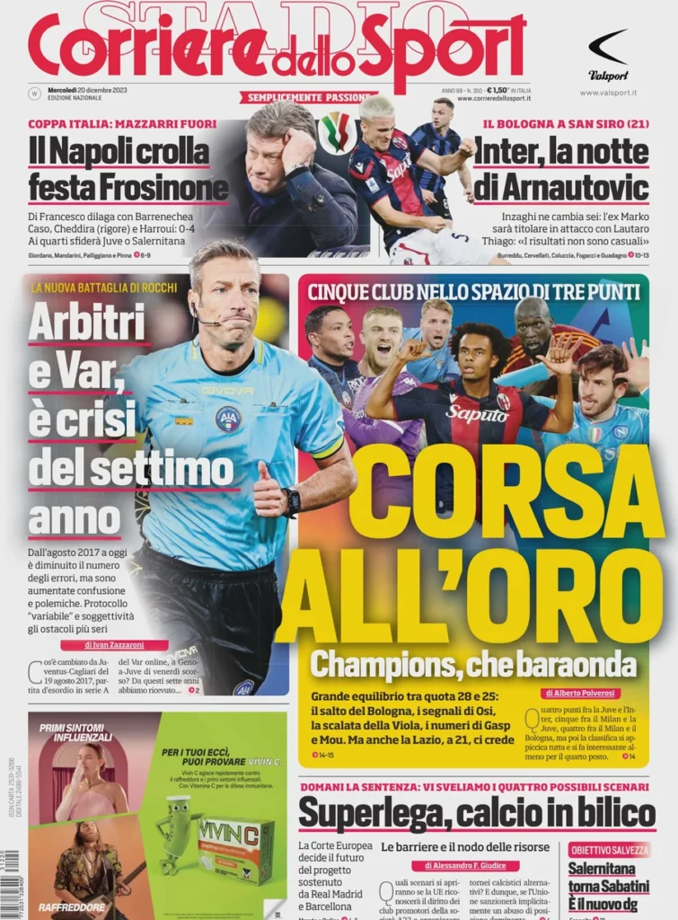 Prima pagina Corriere dello Sport 20 dicembre 2023