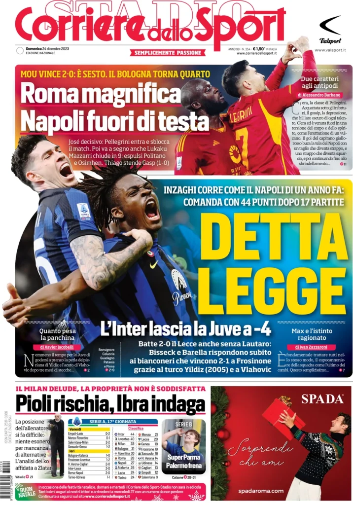 Prima pagina Corriere dello Sport 24 dicembre 2023