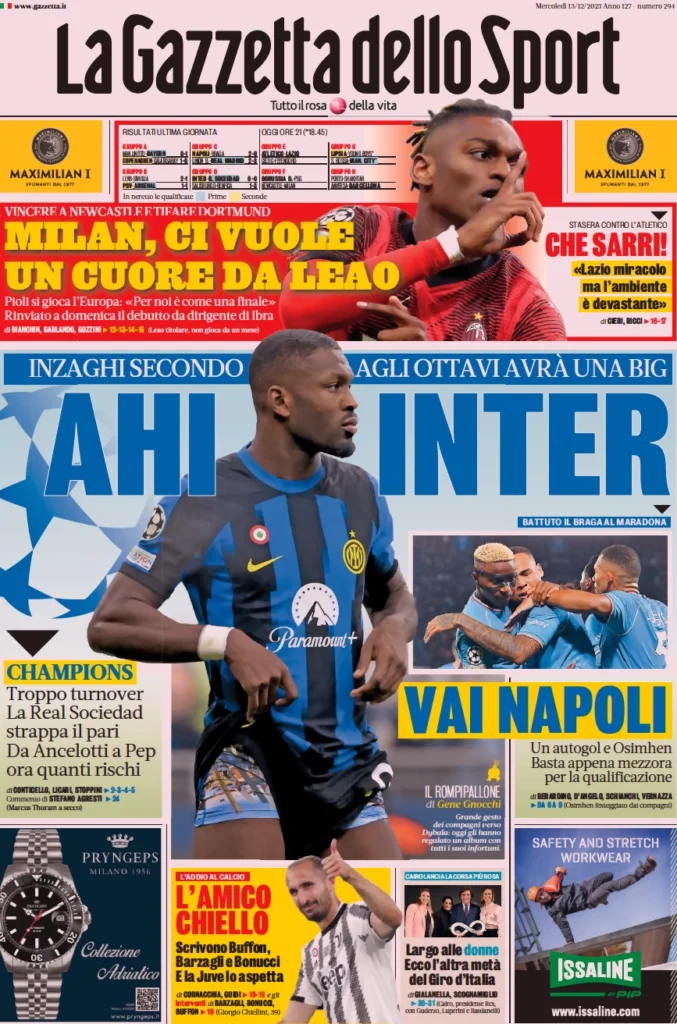 Prima pagina La Gazzetta dello Sport 13 dicembre 2023