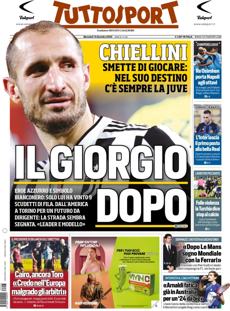 Prima pagina Tuttosport 13 dicembre 2023