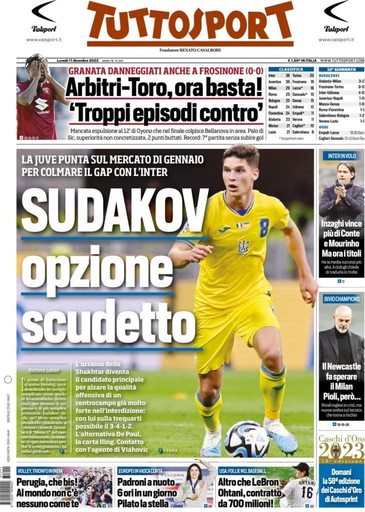 Prima pagina Tuttosport 11 dicembre 2023