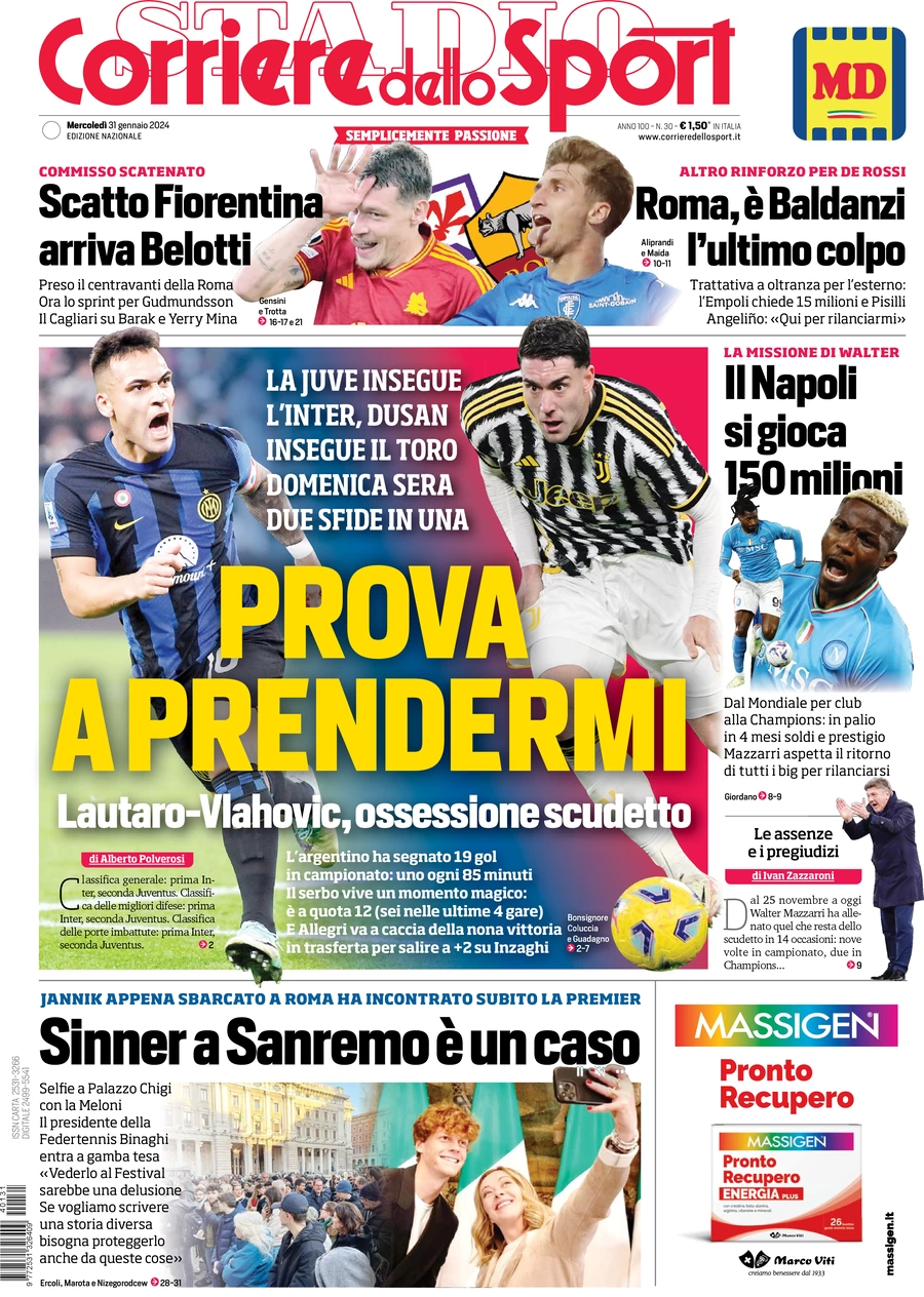 Prima pagina Corriere dello Sport 31 gennaio 2024