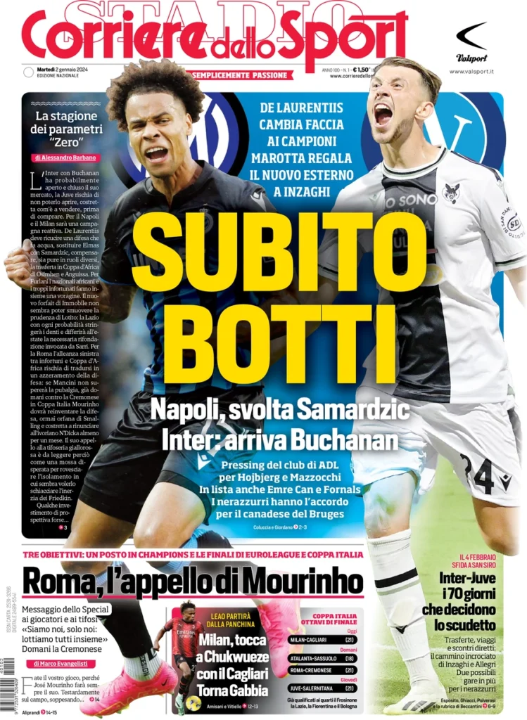 Prima pagina Corriere dello Sport 2 gennaio 2024