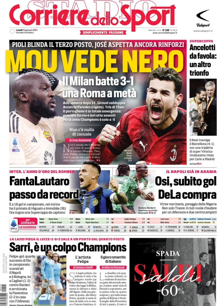 Prima pagina Corriere dello Sport 15 gennaio 2024