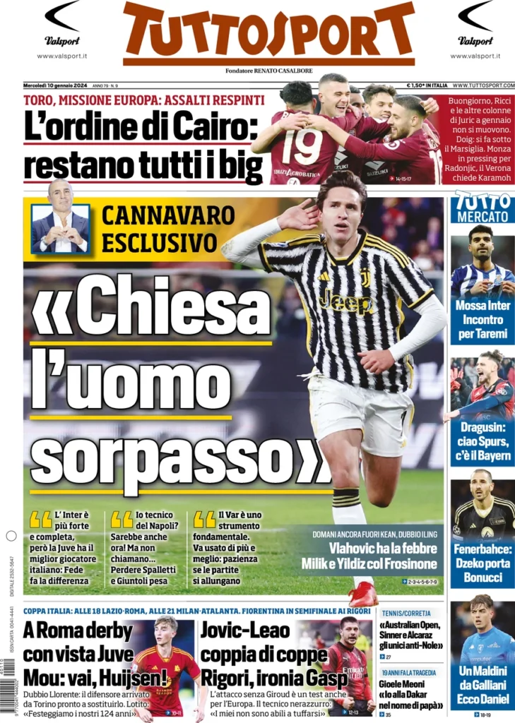 Prima pagina Tuttosport 10 gennaio 2024