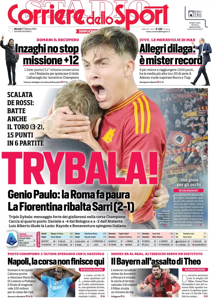 Prima pagina Corriere dello Sport (27 febbraio 2024)