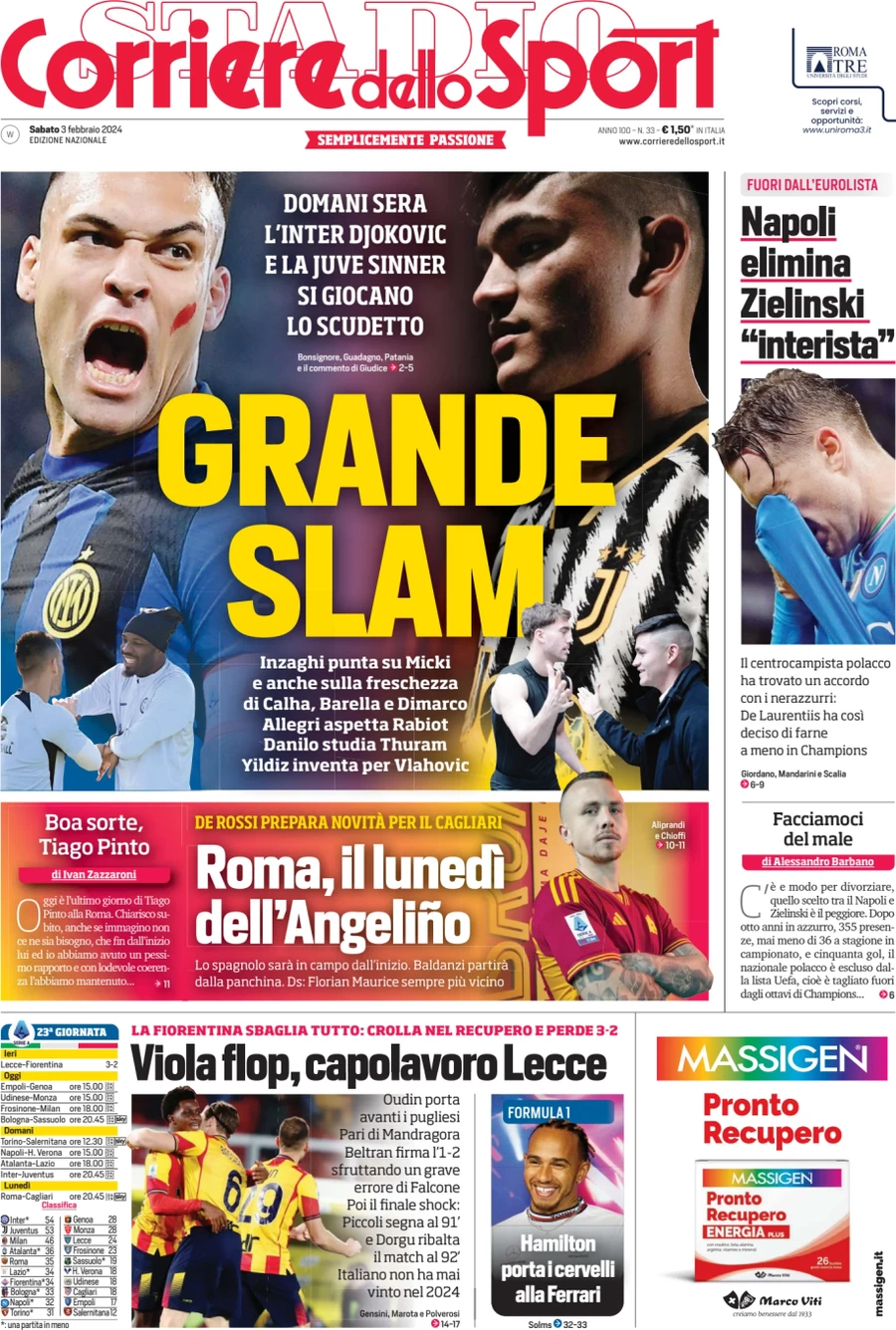 Prima pagina Corriere dello Sport (3 febbraio 2024)