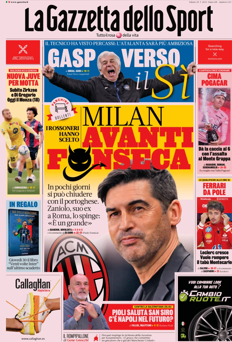 Prima pagina La Gazzetta dello Sport 25 maggio 2024