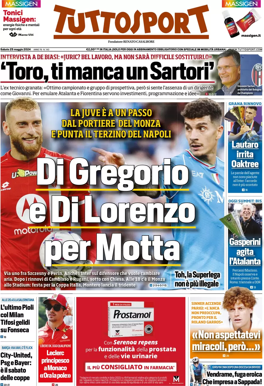 Prima pagina Tuttosport 25 maggio 2024